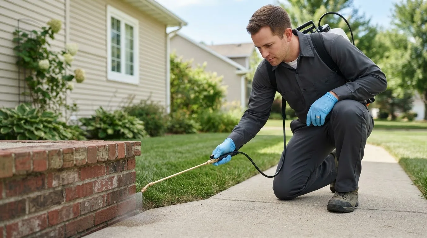 Pest control technician treating a home near Wellsville, UT